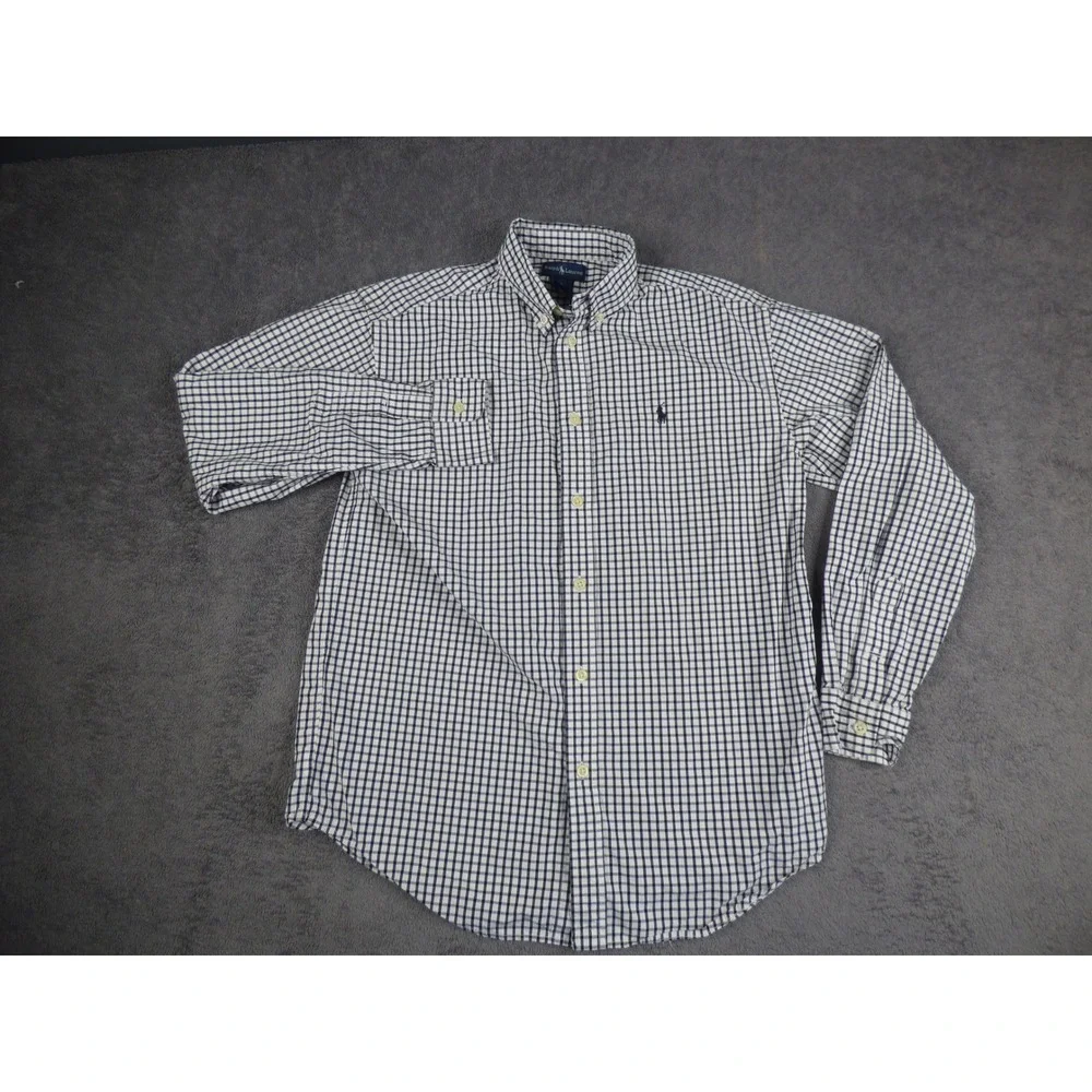 Ralph Lauren Kids Boys Navy White Gingham Check Button Down Shirt Size L Large